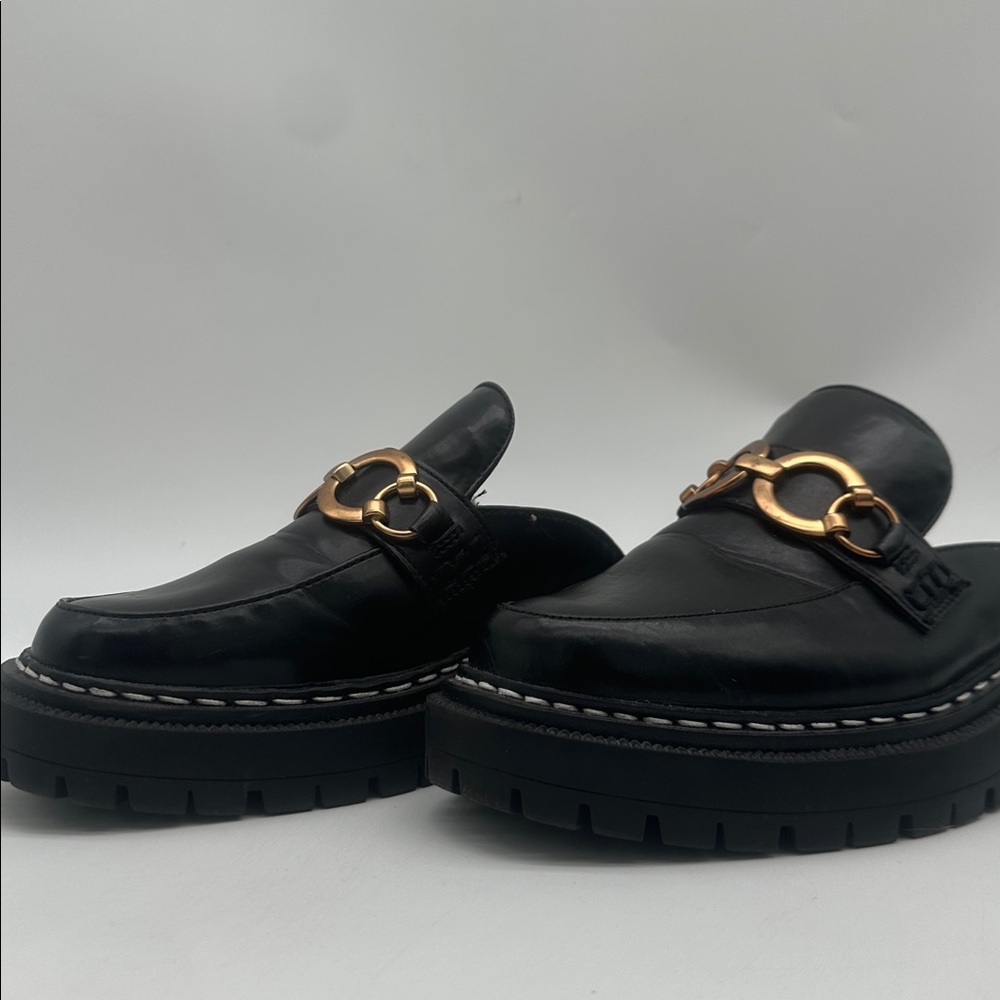 Black Leather Slip-On Mule Loafers with Gold Chain Detail - Picture 9 of 16